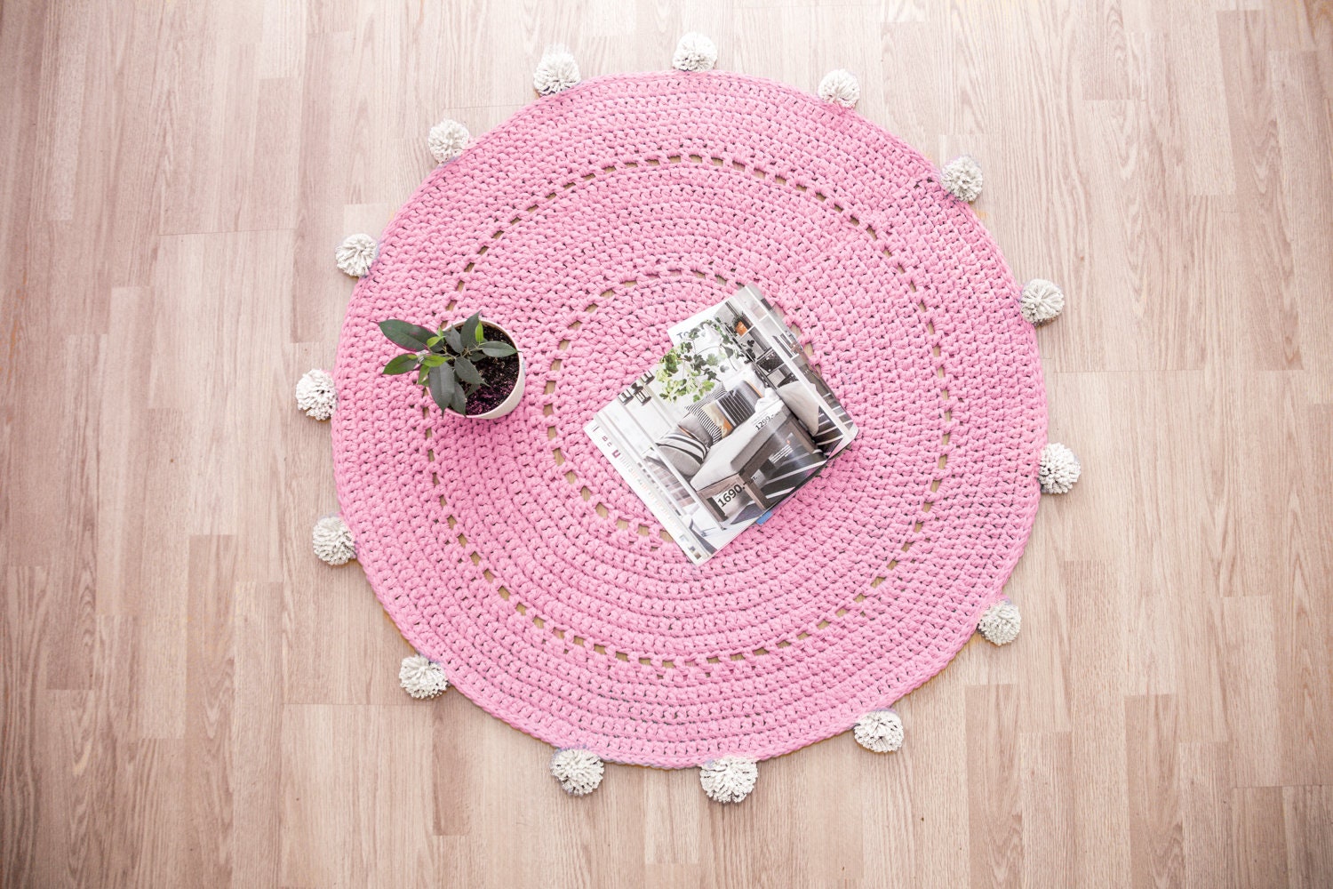 Pink rug Crochet round Rug pom pom Knitted Moroccan rug Boho Etsy