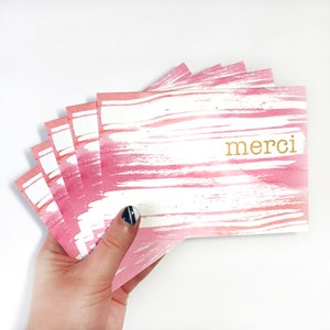 Dankeskarten, französisches Geschenk für sie, Hostessengeschenk Rosa Briefpapier-Set von 5, Merci, Aquarellkarten, rosa Strumpf Stuffer, süße Grußkarten