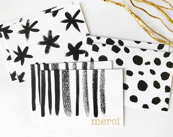 Watercolor Note Card Set of 6, Coworker Gift, Thank You Cards, Black and White Stationery, French Gift, Stocking Stuffer, Hostess Gift Merci