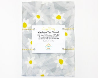 Daisy Tea Towel, Daisy Decor Kitchen, Abstract Floral Tea Towel Hostess Gift For Her, Grey Kitchen Towel Floral Dish Towel, Linen Cotton USA