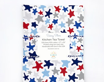 Patriotic Tea Towel - 4th of July Decor - Red White and Blue Gift - Americana - Star Kitchen Towel - Hostess Gift for Her - Made in the USA