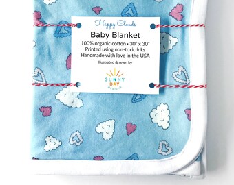 Heart Baby Blanket - Organic Cotton Receiving Blanket - Gender Neutral Baby Shower Gift - New Baby Present - Pink and Blue - Happy Clouds