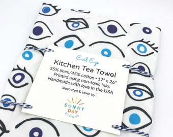 Evil Eye Tea Towel - Evil Eye Kitchen Decor - Passover Dish Towel - Evil Eye Decor - Hostess Gift for Her Housewarming Gift Good Luck Charm