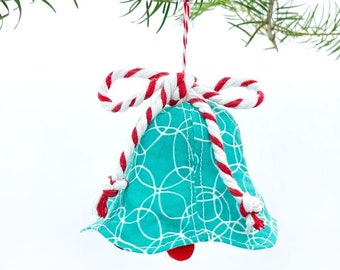 Fabric Bell Christmas Ornament, Christmas Bell Ornament Made in Wisconsin, Turquoise & Red Cotton Bell Tree Ornament, Sunny Day Designs