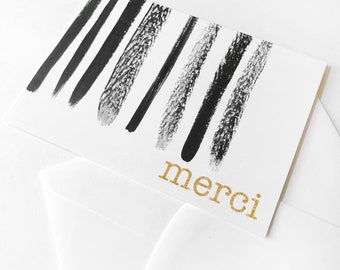 Merci Thank You Card, Black and Gold Stationery Chic, Brushstroke, French Greeting Card, Modern Card, Watercolor Stationery for Francophile