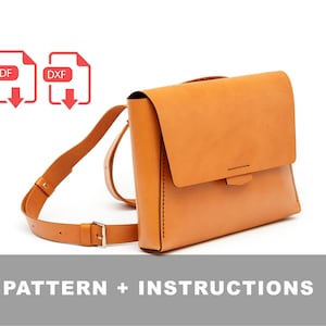 May include: A tan leather messenger bag with a flap closure and adjustable shoulder strap. The bag has a rectangular shape and a silver-colored buckle. The image also includes the text "PATTERN + INSTRUCTIONS" and icons for PDF and DXF files.
