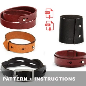 Può includere: Quattro diversi modelli di braccialetti in pelle, tra cui un braccialetto in pelle nera intrecciata con una fibbia argentata, un braccialetto in pelle marrone con un perno argentato, un braccialetto in pelle rosso con un perno argentato e un braccialetto in pelle nera con borchie argentate. L'immagine include anche un'icona di download per i file PDF e DXF.  MODELLO + ISTRUZIONI
