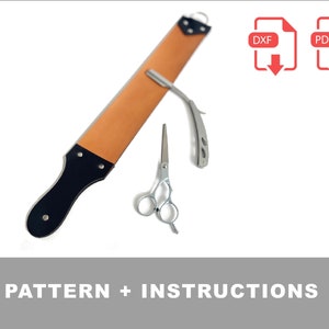 Puede incluir: Una correa de cuero marrón con un mango negro, una navaja de afeitar recta plateada y un par de tijeras plateadas. La imagen incluye el texto "PATTERN + INSTRUCTIONS" y los iconos de descarga para los archivos DXF y PDF.