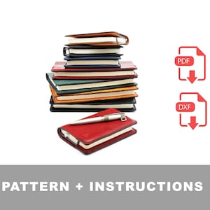 May include: A stack of colorful leather-bound notebooks with a pen on top. Downloadable PDF and DXF files are available for the pattern and instructions.
