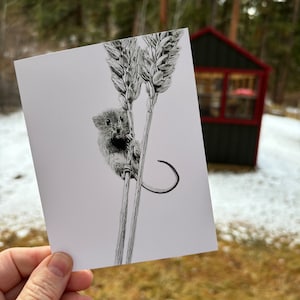 May include: A black and white drawing of a small mouse climbing up two stalks of wheat.