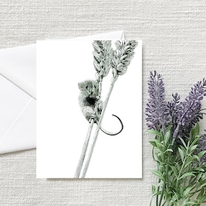 May include: A black and white illustration of a small mouse climbing up a stalk of wheat. The mouse is facing the viewer and has a long tail.
