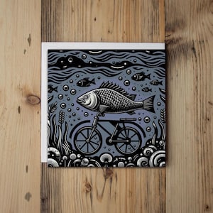 Carte de correspondance Poisson faisant du vélo avec enveloppe 5 x 5 po.