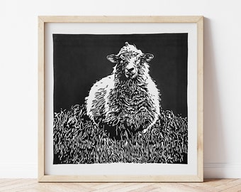 Original Sheep Linocut Art Print