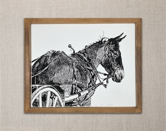 Original Mule Linocut "Cooper and his Cart"