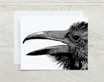 May include: Black and white illustration of a raven's head with its beak open. The raven's eye is visible and the feathers are detailed.