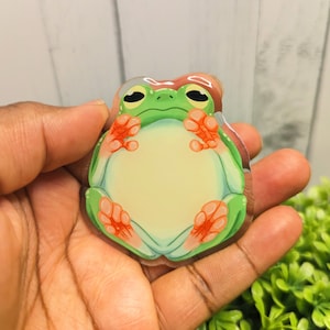 Op de afbeelding: Een groene kikker-vormige sticker met een lichtgele kern, oranje voeten en zwarte ogen. De sticker wordt in een hand gehouden, met een groene plant op de achtergrond.