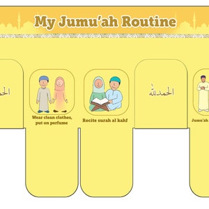May include: A yellow illustrated guide with the title "My Jumu'ah Routine". The guide shows six steps for a Friday prayer routine: clip nails, wear clean clothes, recite surah al kahf, Jumu'ah in congregation, and dua (last hour of Friday).
