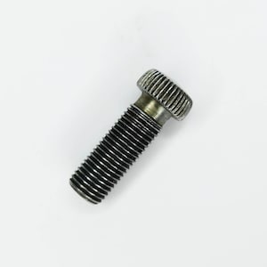 May include: A close-up of a metal bolt with a ridged head and threaded shaft. The bolt is silver and black, with a detailed texture on the head and threads. The bolt is on a white background.