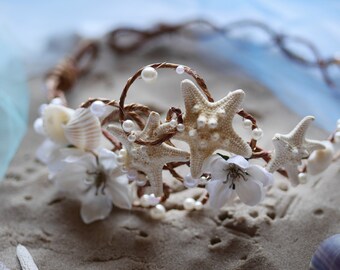 asymmetrical beach wedding headpiece, bridal mermaid seashell floral headband crown