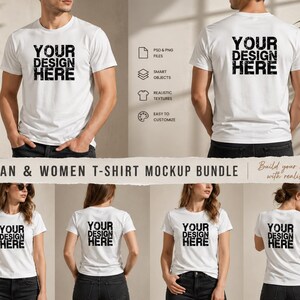 May include: A mockup bundle featuring white t-shirts with the text "YOUR DESIGN HERE" on the front and back. The image includes multiple models, showcasing the t-shirts on both men and women. The text "MAN & WOMEN T-SHIRT MOCKUP BUNDLE" is also visible.