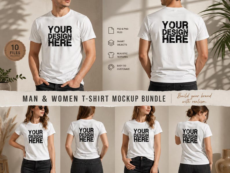 May include: A mockup bundle featuring white t-shirts with the text "YOUR DESIGN HERE" on the front and back. The image includes multiple models, showcasing the t-shirts on both men and women. The text "MAN & WOMEN T-SHIRT MOCKUP BUNDLE" is also visible.