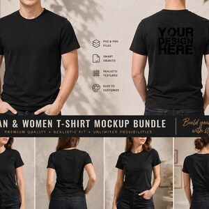 May include: A mockup bundle featuring black t-shirts on male and female models. The image includes front and back views, with text that reads "YOUR DESIGN HERE" on the back of one shirt. The text "MAN & WOMEN T-SHIRT MOCKUP BUNDLE" is also visible.