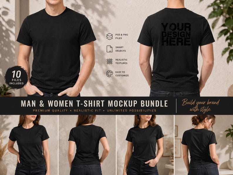 May include: A mockup bundle featuring black t-shirts on male and female models. The image includes front and back views, with text that reads "YOUR DESIGN HERE" on the back of one shirt. The text "MAN & WOMEN T-SHIRT MOCKUP BUNDLE" is also visible.