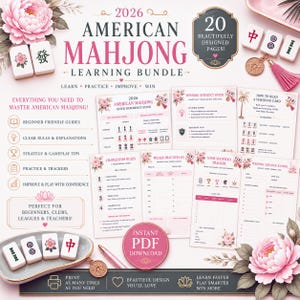 May include: A 2026 American Mahjong learning bundle featuring 20 pages of guides, strategy, and trackers. The set includes a quick reference guide, winning strategy guide, and practice logs, all decorated with pink floral accents and clear text.