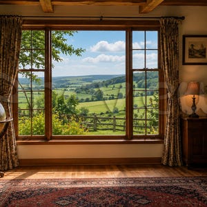 May include: A room with a large window overlooking a green landscape with a blue sky. The room has a globe, a patterned rug, and a bookshelf. The window is framed by wooden trim and patterned curtains. A lamp sits on a wooden cabinet.