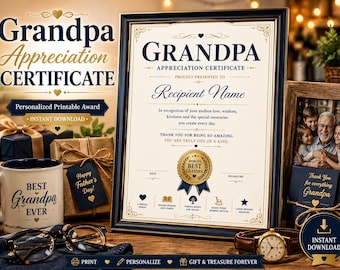 Certificato personalizzato di ringraziamento per il nonno, premio per la Festa del Papà (download digitale)