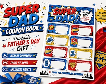 Libretto di buoni regalo "Super Papà", regalo stampabile per la Festa del Papà per bambini (download immediato)