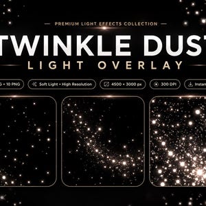 以下が含まれることがあります： TWINKLE DUST LIGHT OVERLAYというタイトルのデジタルコレクションで、10個のJPGファイルと10個のPNGファイルが含まれています。画像には、黒い背景に白い輝く光の粒子が映る3つの正方形のプレビューが表示されており、解像度は4500 x 3000ピクセルです。