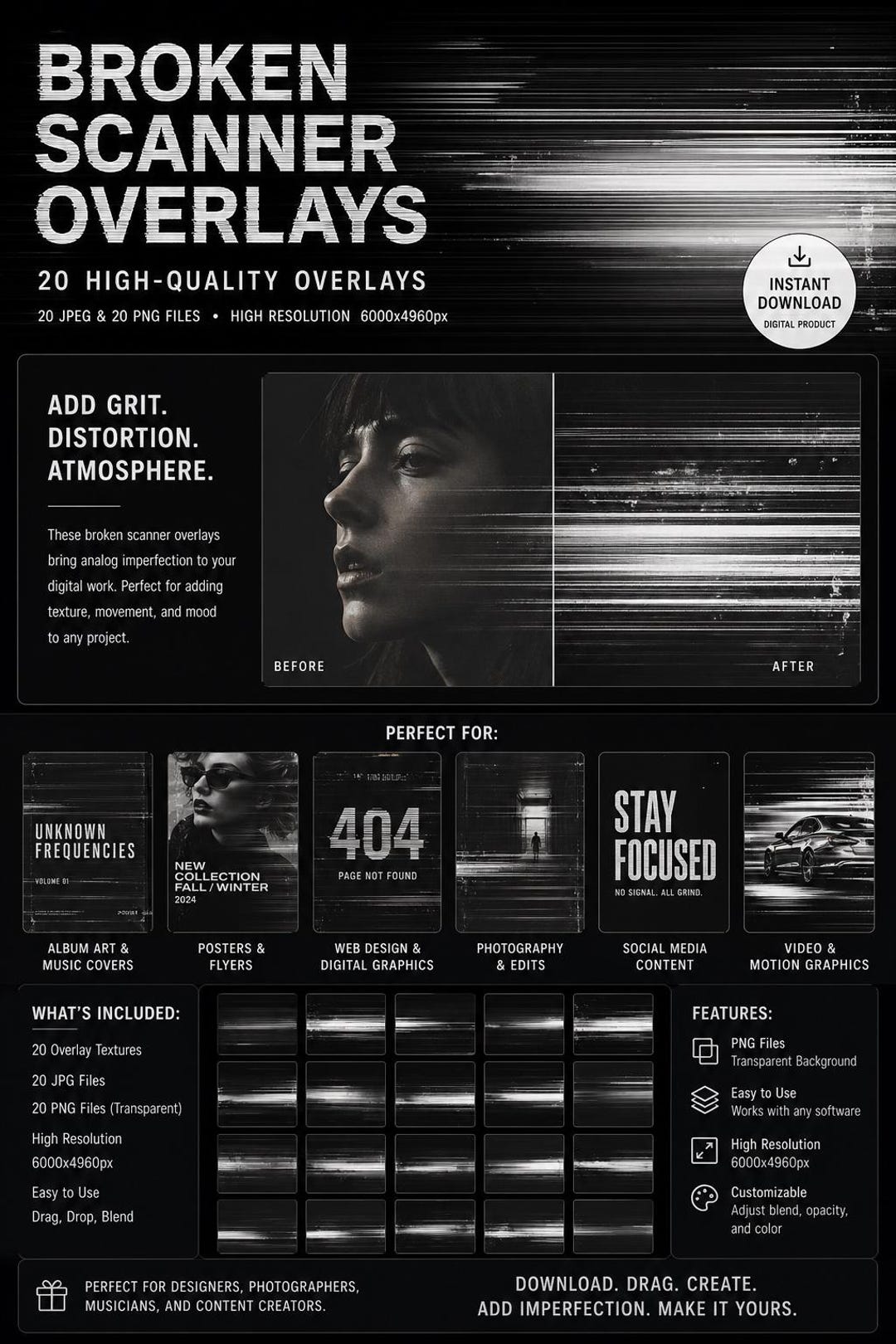 Broken Scanner Overlays Pack, Glitch Texture PNG JPG (digital Download ...