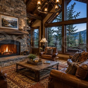 May include: A comfortable living room with a stone fireplace, a burning fire, and a wooden mantel. The room features leather furniture, a wooden coffee table, and large windows offering a view of a mountain landscape. A chandelier hangs from the wooden ceiling.