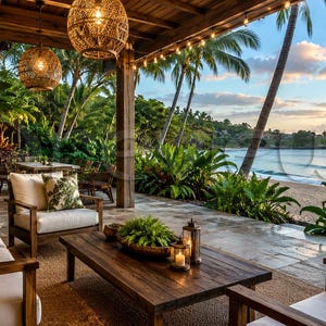 May include: Outdoor patio with wooden furniture, including a coffee table, chairs, and a sofa. The patio is decorated with plants, lanterns, and hanging lights. The background features a beach and palm trees.