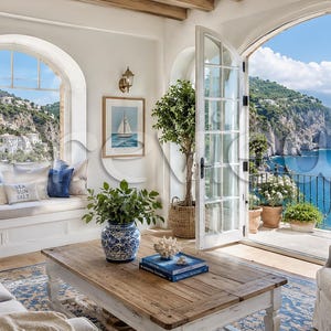 May include: A bright, airy living room with a coastal theme. Features include a wooden coffee table, blue and white patterned vase, and a framed sailboat print. The room opens to a balcony with a view of the sea and mountains. Pillows with the words "Sea Sun Salt" are on a window seat.