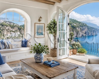 Sfondo per riunioni virtuali in una villa sul mare, sala con vista sulla costa e sulla scogliera (download digitale) JPG, PNG