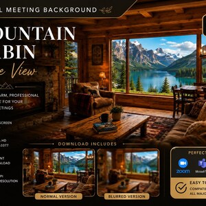 May include: A virtual meeting background featuring a cozy mountain cabin with a lake view. The image showcases a warm, inviting interior with a large window overlooking a scenic mountain landscape. Text includes "Mountain Cabin Lake View" and "Create a warm, professional atmosphere for your virtual meetings."