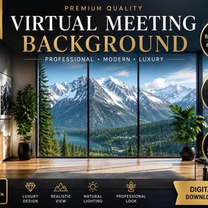 Puede incluir: Fondo digital para reuniones virtuales con vista a la montaña. La imagen incluye el texto "Virtual Meeting Background" y "Instant Download". Diseñado para uso profesional y disponible en alta resolución.