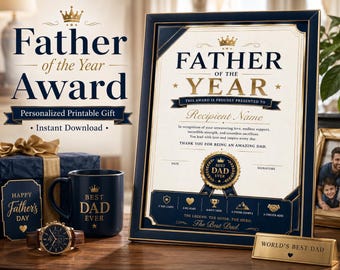 Attestato di riconoscimento "Padre dell'anno", regalo personalizzato per il papà (PDF stampabile)