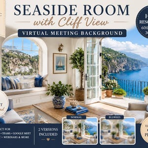 May include: A digital virtual meeting background titled "Seaside Room with Cliff View." The image showcases a cozy interior with a view of the ocean and cliffs. Includes a high-resolution image, perfect for Zoom, Teams, Google Meet, Skype, and webinars.