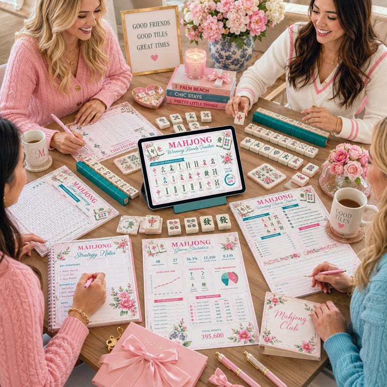 May include: A tabletop scene featuring a Mahjong game setup with tiles, notebooks, and a tablet displaying a winning hands tracker. Pink and floral accents decorate the game pieces and stationery. The text "Good Friends, Good Tiles, Great Times" is visible.