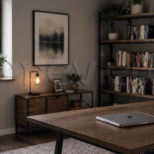 May include: A home office featuring a wooden desk with a laptop and a black mug. A black metal bookshelf is filled with books and plants. A framed landscape art piece hangs on the wall, and a small lamp sits on a wooden cabinet.