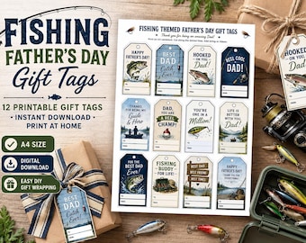 Etichette regalo per la festa del papà a tema pesca, carta da regalo stampabile per papà (download immediato)