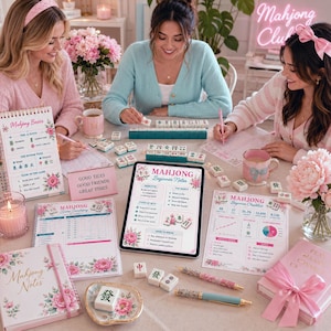 May include: A group of people playing Mahjong around a table. The table is covered with Mahjong tiles, notebooks, pens, and a tablet displaying "Mahjong Beginner Notes." Pink floral accents and a "Mahjong Club" neon sign add to the aesthetic.