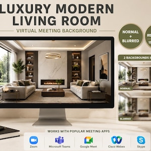 May include: A digital display showing a luxury modern living room virtual meeting background. The image features two sofas, a fireplace, and shelving. Text includes LUXURY MODERN LIVING ROOM, VIRTUAL MEETING BACKGROUND, 1920 x 1080, and 2 BACKGROUNDS INCLUDED.
