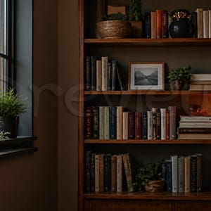 May include: A dark wooden bookcase filled with books of different sizes and colours. Small potted plants and framed artwork are placed among the books. A window with a view of greenery is on the left.