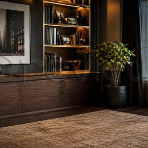 May include: A luxurious living room with dark wood furniture, a bookshelf, and a large framed cityscape photograph. A potted plant sits near a window with a city view. The room has a warm, inviting atmosphere.