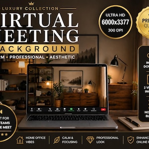 Op de afbeelding: Een laptop met een virtuele vergaderachtergrond, met de tekst "VIRTUAL MEETING BACKGROUND". De afbeelding bevat pictogrammen voor "Direct downloaden" en "Premium kwaliteit". De achtergrond is warm en professioneel.