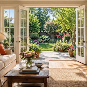 May include: A bright, sunlit living room with open French doors leading to a lush garden. The room features a beige sofa with decorative pillows, a wooden coffee table, and a woven rug. Potted plants and a vase of flowers add color.